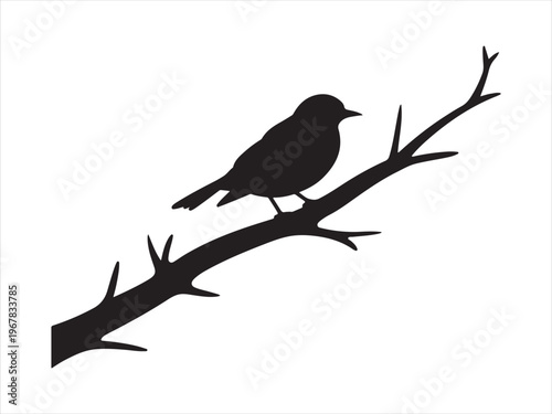 A black bird perched on a branch vector, Bird on Branch Silhouette, Small Songbird Perched on Tree Branch Nature Icon Isolated on White Background
