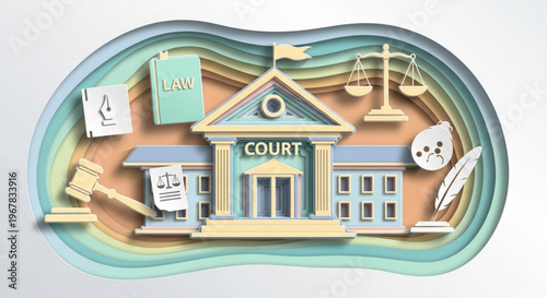 3d court building illustration with law symbols and scales of justice