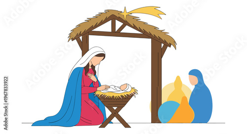 Holy nativity scene with Mary and baby Jesus in a wooden stable under a bright guiding star in a simple line art style.