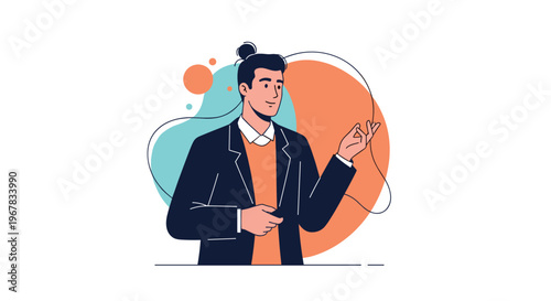 Confident male speaker or lecturer giving a presentation in a professional business suit against a colorful background.