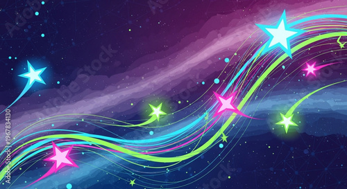 Vibrant neon star trails swirl across a dark night sky with purple and blue hues glowing bright pink green and blue stars
