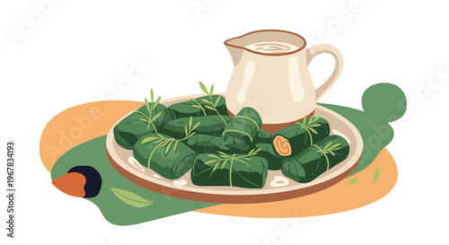 Plate of traditional dolma stuffed grape leaves with fresh herbs served alongside a ceramic pitcher of creamy yogurt sauce on a stylized table.