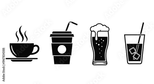Beverage icon set with hot coffee cup takeaway soda and beer glass black silhouette vector
