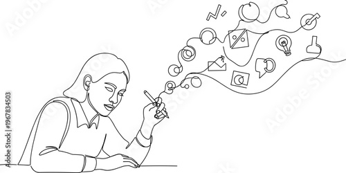 Woman thinking with creative ideas flowing.