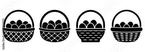 Easter egg basket icon set in black silhouette style. Different collection wicker basket designs filled with eggs for spring holiday celebrations and farm market branding
