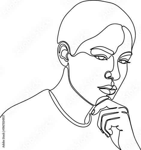 Woman thinking with hand on chin.