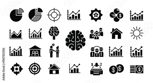 Collection of black glyph icons representing business data and analytics