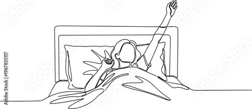 Woman waking up in bed stretching.