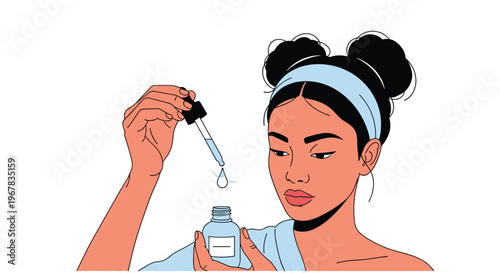 Young woman with bun hair and a headband carefully applying face serum from a dropper bottle into a small jar as part of her skincare routine.