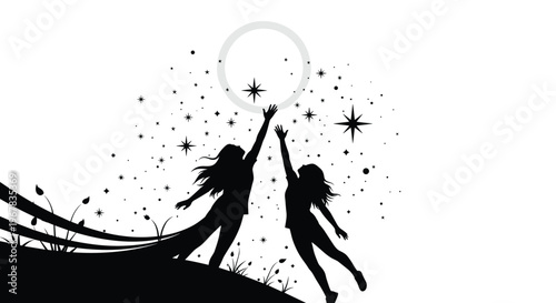 Silhouette of two young girls on a grassy hill reaching up towards a bright moon and a cluster of twinkling stars in a magical night sky.