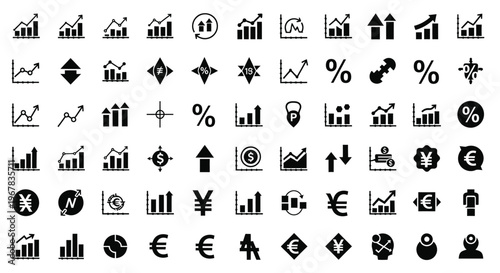 Collection of black glyph icons representing finance growth and data