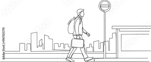 Man walking on city sidewalk alone.