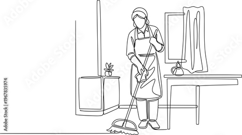 Woman wearing apron cleaning floor.