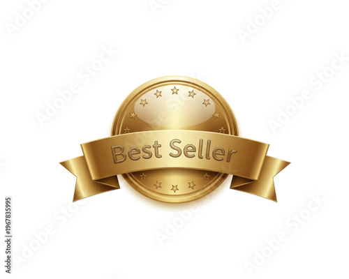 A glossy golden "Best Seller" vector graphic illustration, featuring a prestigious medal badge with a shimmering ribbon and stars, signifies top quality.