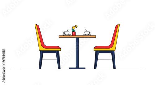 Simple cafe table set for two people with coffee cups and a small flower in a vase between two modern colorful chairs.