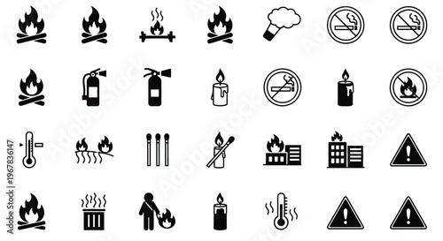 Collection of fire safety and hazard related black and white icons