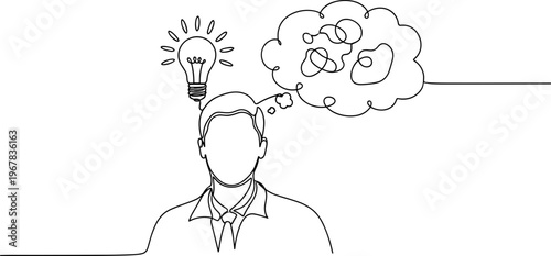 Man thinking with light bulb idea.