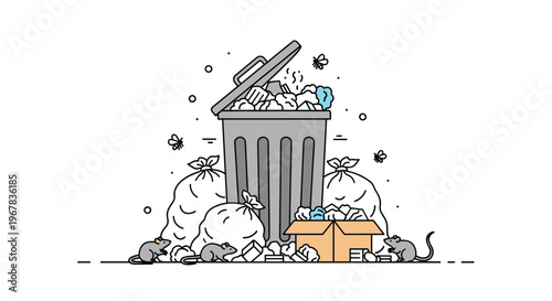 Overflowing metal trash can surrounded by bags of garbage rats and flies illustrating poor waste management or pollution in an urban area.