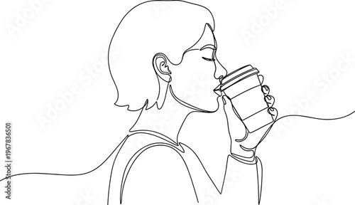 Woman drinking from coffee cup.