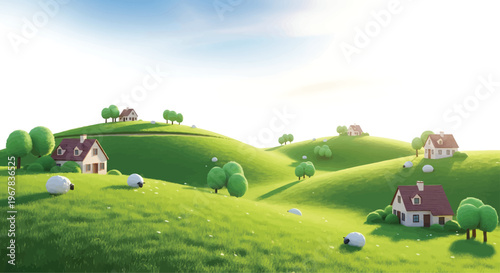 Green Hillside Houses with Sheep Grazing Under Blue Sky