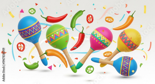Colorful maracas and chili peppers celebration dance party