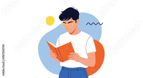 Young man with black hair and yellow glasses absorbed in reading an orange book against a simple background of abstract shapes.
