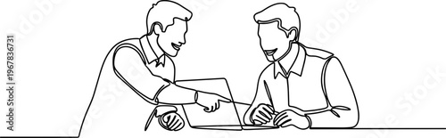 Two businessmen discussing a document.