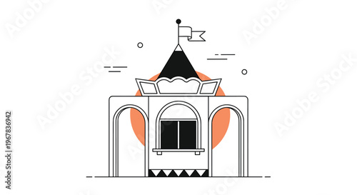Clean line drawing of a small architectural structure with a central window and two side arches against an orange circular background.