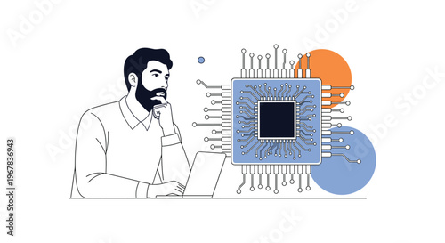 Professional man in deep thought while looking at a large glowing blue computer processor chip with circuit connections.