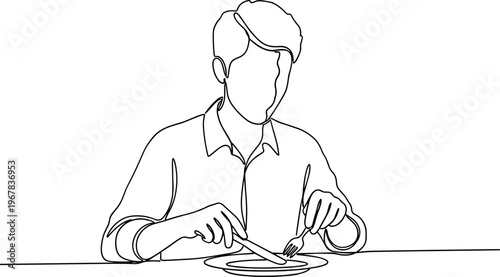 Man eating with fork and knife.