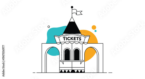 Graphic illustration of a ticket booth with the word tickets on a sign above the service window set against a colorful abstract background.
