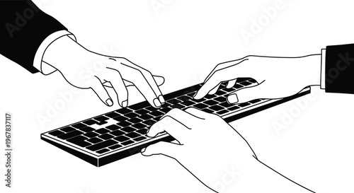 Detailed black and white illustration showing multiple sets of hands collaborating and typing on a single computer keyboard.