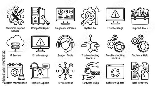 Vector graphic illustration of technical support service icons set