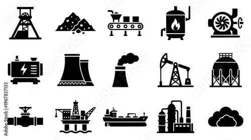 Industrial vector icons set for energy and manufacturing designs