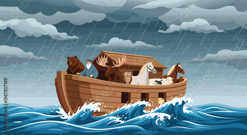 Vibrant illustration of various animals including bears, moose, and horses on a wooden ark sailing through a stormy and rainy sea.