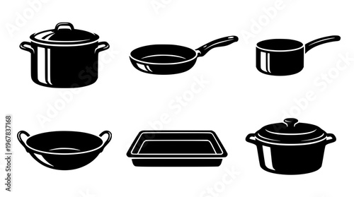 Black and white vector graphic of various kitchen pots