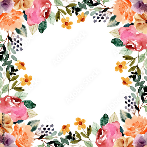Flower watercolor frame for wedding, birthday, card, background, invitation, wallpaper, sticker, decoration etc.