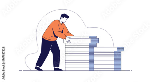 Man in an orange sweater and dark pants stacking heavy white boxes onto organized piles in a minimalist and clean illustration.