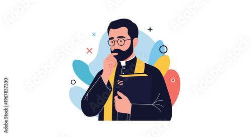 Thoughtful clergyman wearing a traditional black cassock and yellow stole while holding a holy book against a colorful abstract background.