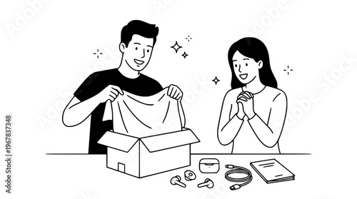 Man and woman excitedly unboxing a package together