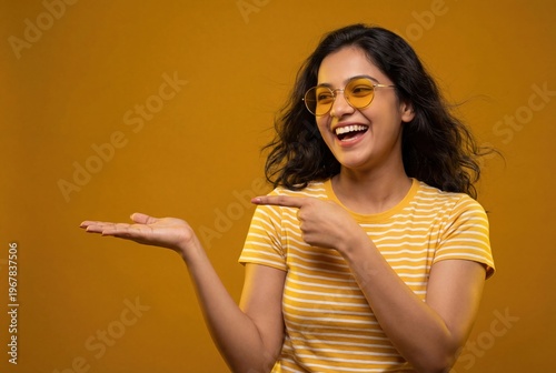 young indian woman pointing with finger standing on orange background