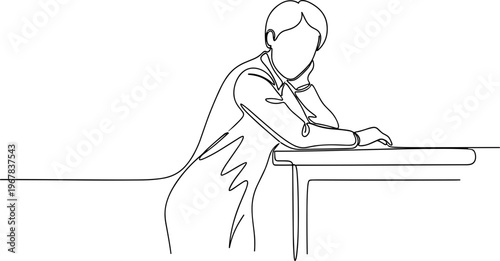 Man Leaning on Desk with Elbows.