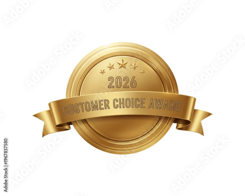 Shimmering gold vector illustration of a customer choice award medal for 2026, featuring five elegant stars.