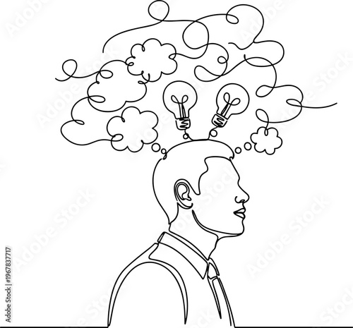 Man with lightbulb thoughts ideas.