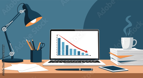 Professional office desk workspace with a laptop displaying a downward trend line graph next to a lamp and a steaming coffee mug.