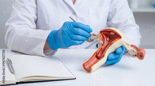 Doctor's gloved hand points to an IUD in a female reproductive system model, explaining contraception and women's health