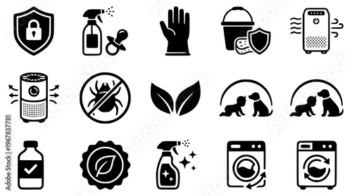 Vector graphic illustration of various cleaning and protection icons