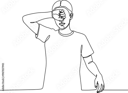 Young man wearing baseball cap gesturing.