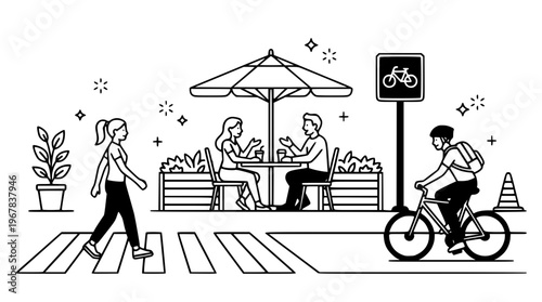 Urban scene with people walking, sitting, and cycling outside