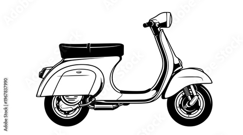 Black and white illustration of a classic scooter vehicle